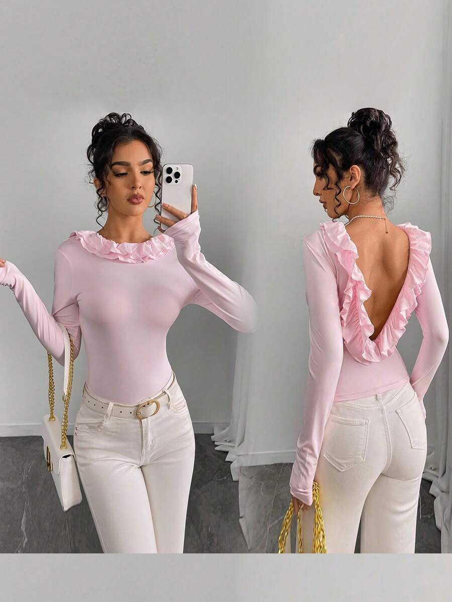 SHEIN Unity 杏色荷叶边荷叶边修身性感针织上衣 - 粉色 - 查看 1