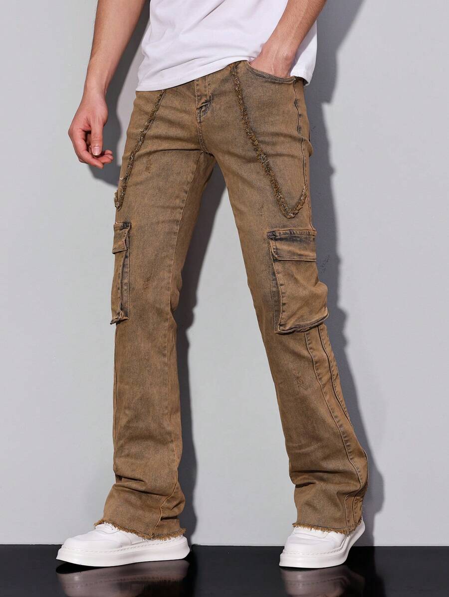 Manfinity Homme Quần Jeans Denim Túi Cargo Thường Ngày Cho Nam - Màu vàng - Xem 1