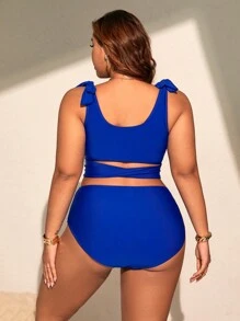 SHEIN Swim Curve Bikini de talla grande para mujer de unicolor con tirantes de mariposa y cintura alta para el verano - azul real - Ver 2