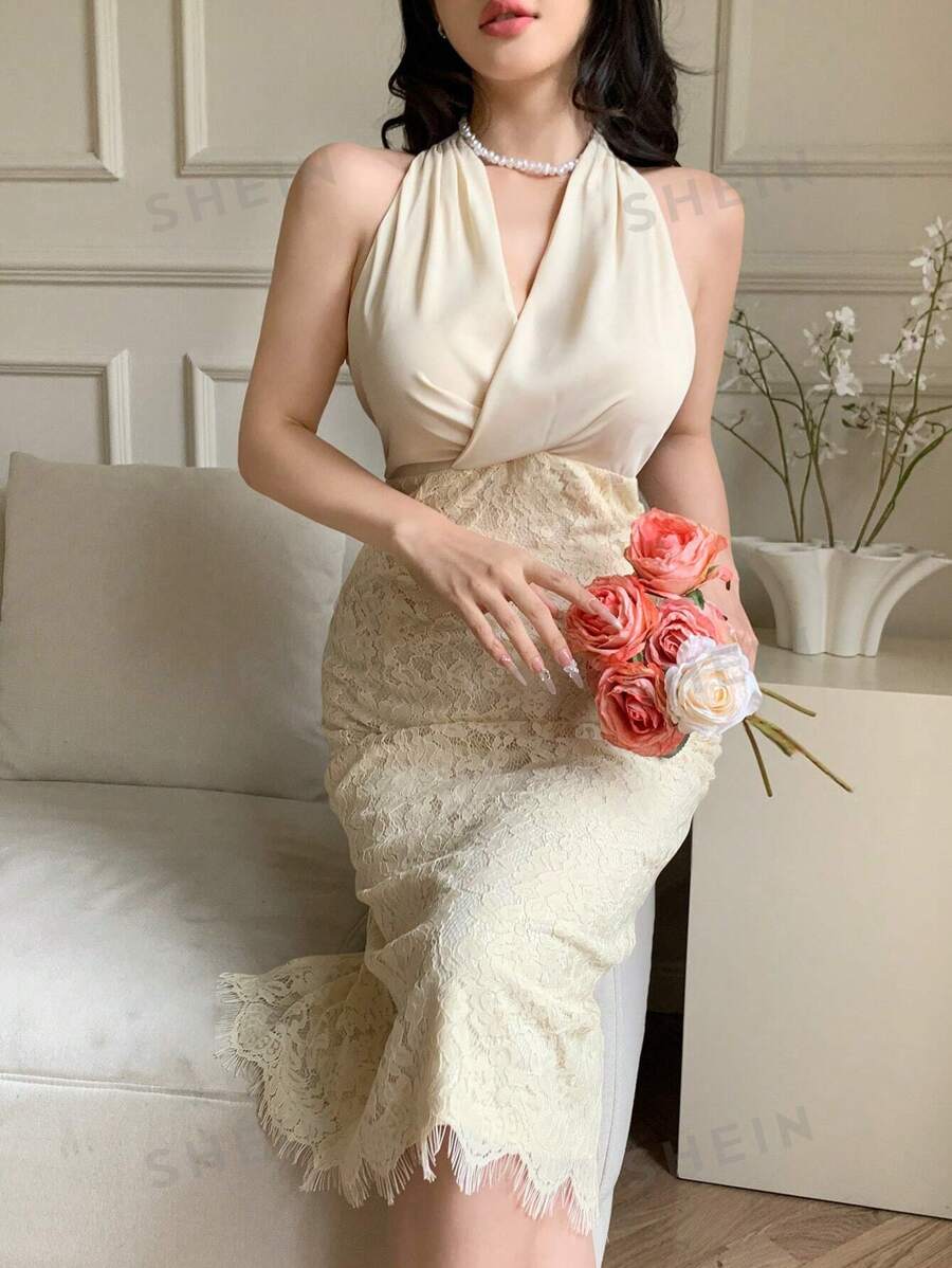 DAZY Vestido de cóctel de longitud media con cuello halter, sin mangas, escote en V, efecto twist y parches de encaje para mujer, vestido elegante y formal para eventos