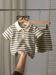 Young Boy Summer New Stripe Casual Short Sleeve Outfit, Polo Collar Short Sleeve Top + Shorts, 2pcs Set Summer Holiday - Khaki - View 1