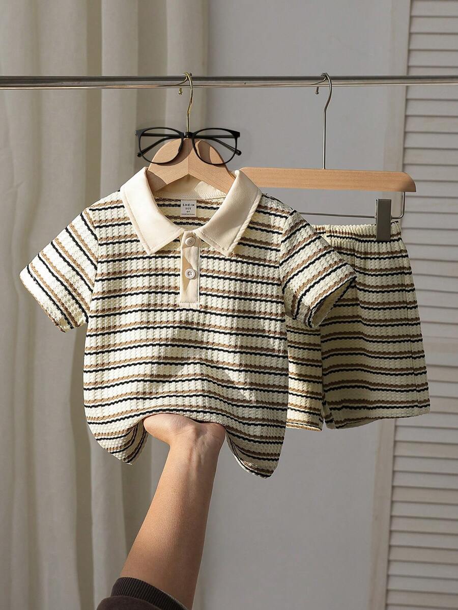 Young Boy Summer New Stripe Casual Short Sleeve Outfit, Polo Collar Short Sleeve Top + Shorts, 2pcs Set Summer Holiday - Khaki - View 1
