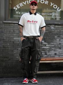 DAZY Men's Letter Print Color Block Polo Shirt, Summer - White - View 3