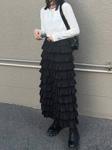 FRIFUL Women's Black Cake Skirt, Long Skirt, Sweet Style For Spring And Summer,Ruffle - Black - View 2