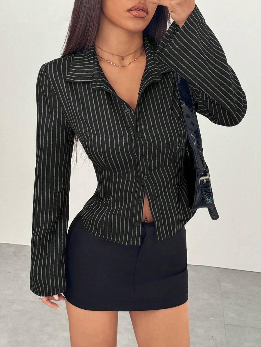 SHEIN Unity Black Fine Striped Buttoned Front Long Sleeve Fitted Shirt, Stylish Minimalist Casual Commuter Street-Chic Elegant All-Match Versatile Spring/Summer Top For Women Fall Cloth For Women - Black - View 1