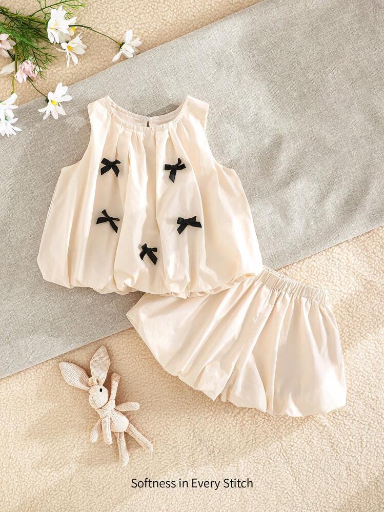 Cozy Pixies 2pcs/Set Baby Girl Bow Decor Round Neck Sleeveless Top And Elastic Waist Shorts Clothes Set - Apricot - View 1