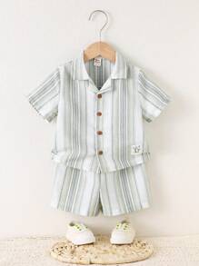 Cozy Pixies 2件套男婴彩色条纹领口短袖衬衫和松紧腰短裤套装 - 灰色 - 查看 4