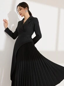 Modelyn Vestido de mujer con chaqueta de solapa, con pliegues, con cintura acampanada y cintura ceñida