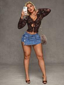 SHEIN BAE Damska swobodna asymetryczna spódnica dżinsowa z kieszeniami - Niebieski - Zobacz 5