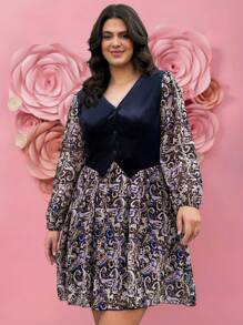 SHEIN LUNE 大码女式休闲灯笼袖撞色佩斯利印花连衣裙情人节外出、节日派对连衣裙 - 彩色 - 查看 9