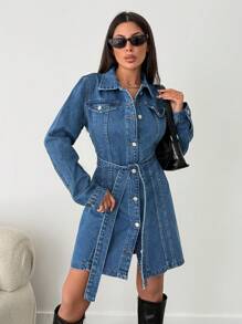 EURMUSE WOMEN DENIM MINI DRESS WITH MULTIPLE BUTTON AND BELT - Medium Wash - View 6