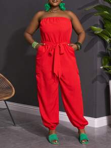 Slaydiva 大码女式休闲纯色连体裤，配有口袋、抽绳腰部和抹胸上衣