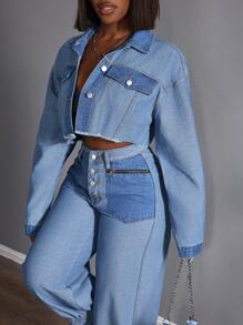 Slaydiva Women's Casual Washed Fray Hem Cropped Denim Jacket - Blue - View 2