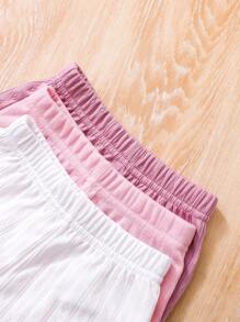 SHEIN 3件套女宝宝休闲宽松舒适短裤套装，弹力腰身，花卉镂空针织面料，荷叶边下摆，粉色和白色纯色，多种选择，性价比高，适合春夏休闲度假 - 粉色 - 查看 4