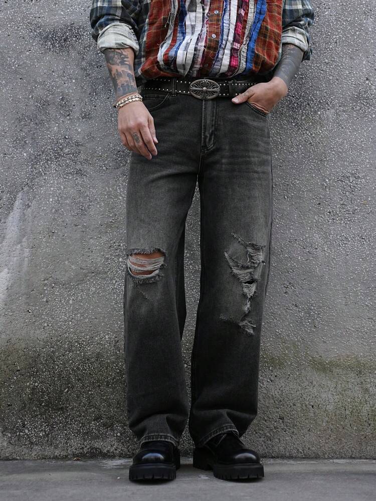 Solid Color Distressed Men's Ripped Jeans, Autumn