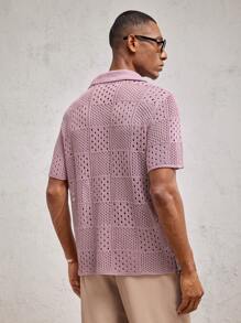 AKNOTIC Party 男士粉色格子镂空撞色蓝色字母标志针织宽松翻领短袖休闲开衫，适合日常穿着、情人节、情侣装、度假装、秋冬装 - 粉色 - 查看 7