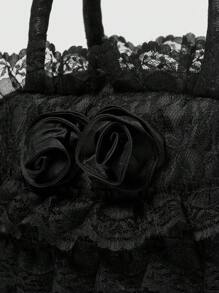 ROMWE Goth Solid Color Lace Patchwork Fashion Black Handbag, Suitable For Commuting And Travel - Black - View 4