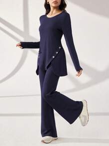 Graceveil 2pcs/Set Women Casual Round Neck Long Sleeve Button Decor Top And Flare Pants Outfit Modest - Navy Blue - View 4
