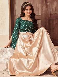 SHEIN Teen Girls' Green Square Neck Flare Sleeve Crop Top & Gold High Waist Maxi Skirt Set - Multicolor - View 1