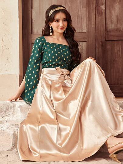 SHEIN Teen Girls' Green Square Neck Flare Sleeve Crop Top & Gold High Waist Maxi Skirt Set