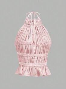 Aloruh 女士可调节系带领口荷叶边分层半透明浪漫约会短款外出上衣 - 淺粉色 - 查看 6