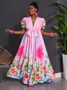 Slaydiva Plus Size Women's V-Neck Twist Knot Puff Sleeve Tie Belt Floral Print A-Line Dress, Vacation & Romantic & Formal & Elegant, Spring/Summer,Beach Dress Sundress,Holiday Outfits Boho - Multicolor - View 10