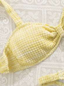 Swim Mod 春假女士两件套泳衣套装，芥末黄针织面料露肩简约优雅女士沙滩比基尼 - 黃色 - 查看 5