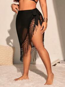 Swim Vcay تنورة شاطئية مزينة بشرابات وشبكة واسعة المقاس للنساء، غطاء للإستخدام في العطلات الصيفية