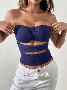 Flirla Top de mujer de color liso con fruncido y abertura sexy