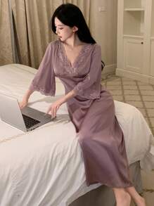 DAZY 女士蕾丝拼接V领露背七分袖睡裙，睡衣，秋冬款