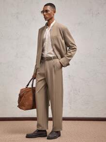 SHEIN X ELOISA & ORSON AKNOTIC Business Casual Chaqueta de traje de corte ajustado con cuello mao y botones metálicos de color caqui para hombre, adecuada para uso diario, vacaciones y primavera/verano, regalo de graduación