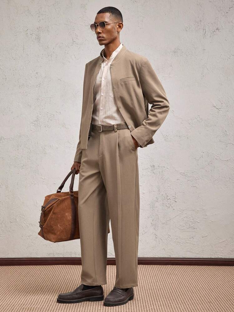 Men's Khaki Metal Button Woven Slim Fit Stand Collar Jacket, Suitable For Daily Wear, Vacation, Spring/Summer, Graduation Gift