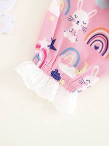 SHEIN 2pcs Baby Girl Cartoon Rabbit Print Round Neck Ruffle Trim Long Sleeve Shirt And Elastic Waist Ankle Banded Pants Pajamas Set - Pink - View 4