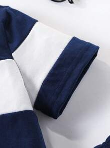 SHEIN Playful Pals Young Boy 2 Pieces Set: Colorblock Letter Graphic Print Polo Shirt & Navy Blue Pants, Casual School Style Perfect For Spring, Autumn And Summer Everyday Wear