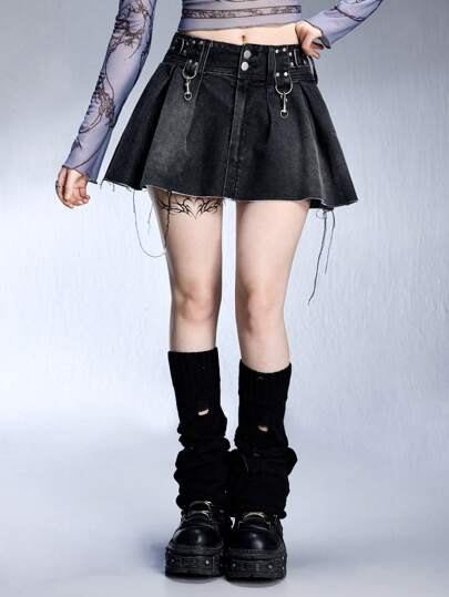 Grunge Punk Women Vintage Washed Ripped Pleated Denim Mini Skirt