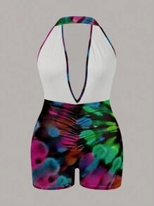 SHEIN SXY Plus Size Casual Minimalist Deep V Neck Jumpsuit - Multicolor - View 4