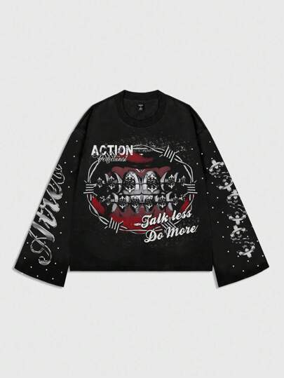 Street Life Maglietta a maniche lunghe con stampa, vestibilità ampia, stile urban/streetwear corto per uomo