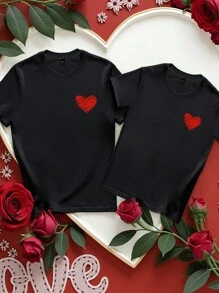 Manfinity Homme Casual Simple Heart-Shaped English Printed Couple Pattern Round Neck Short Sleeve Loose Thick T-Shirt, Suitable For Men, Valentine's Day - Black - View 4