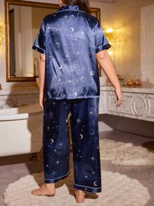MuseNap CURVE Plus Size Starry Sky Print Silky Sleepwear Set: Short Sleeve Top And Long Pants - Multicolor - View 2