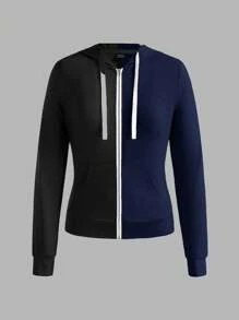 Slaydiva Autumn Casual Simple Hooded Zippered Black And Gray Coat Tops Slim Fit Color Matching Trousers Women's Two-Piece Set-H