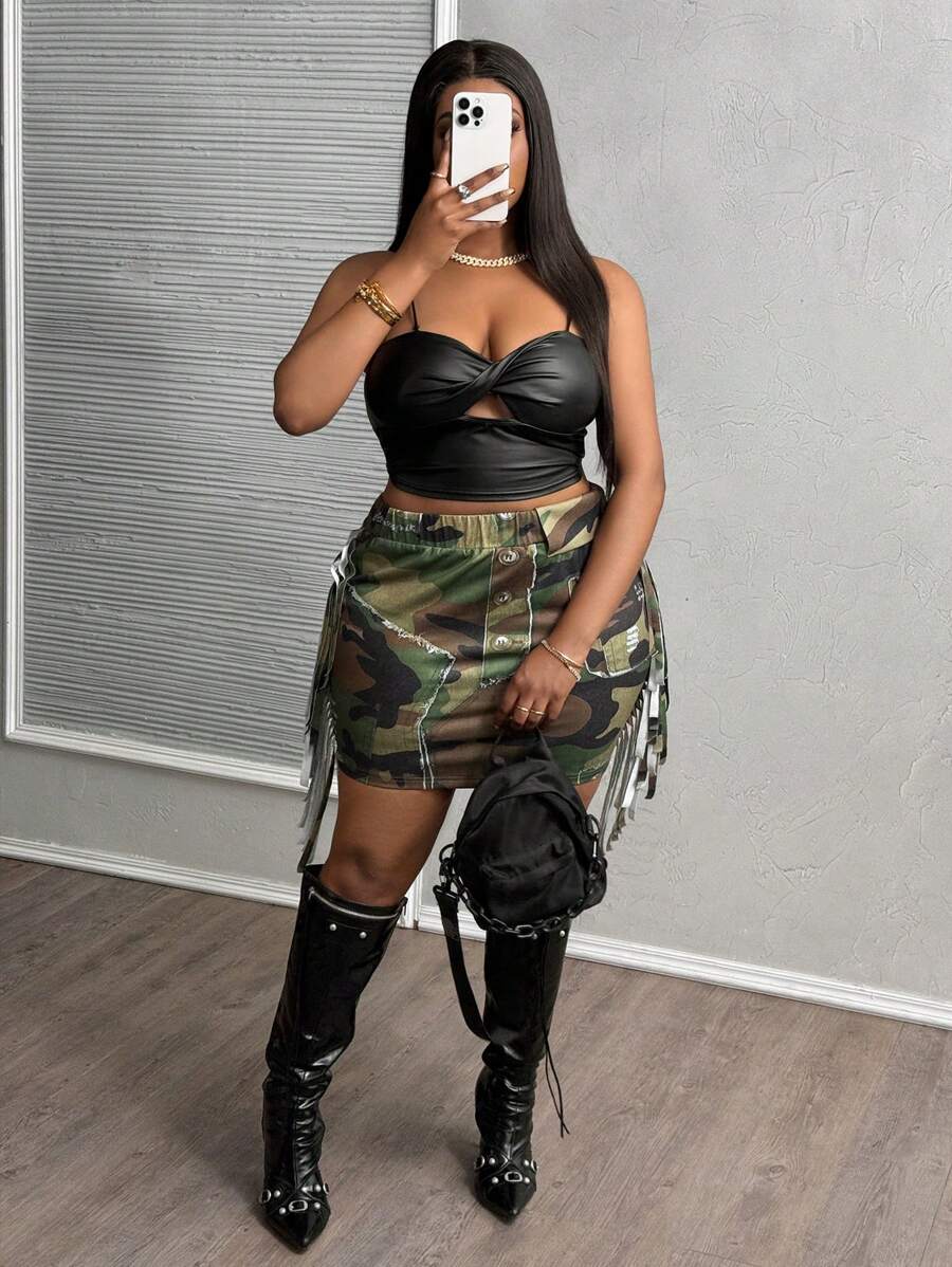 Slaydiva 大码 2024 新款西部街头性感高腰磨边迷彩修身迷你裙 女式休闲春夏