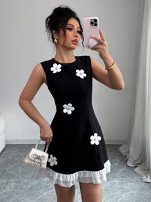 Rafferiza Vestido corto de tirantes negro y blanco ajustado, casual y versátil, con decoración floral y bajo con volantes para mujeres