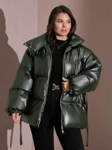 RueChic Plus Size Stand Collar Drop Shoulder Sleeve PU Leather Padded Jacket - Army Green - View 1