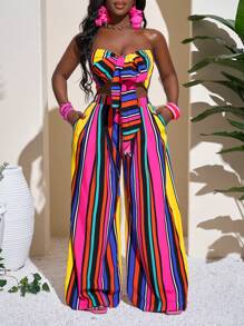 Slaydiva 2pcs/Set Women Colorful Stripe Print Vacation Outfit - Multicolor - View 1
