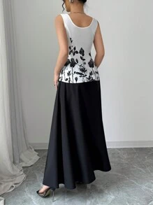 Elenzga 2 件套：印花随机剪裁法式优雅黑玫瑰印花方领无袖 A 字腰修身女式连衣裙 - 黑與白 - 查看 2