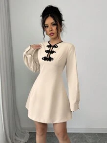 Calvaya Apricot Colored A-Line Dress With Mandarin Button Decoration, Waist Gathered