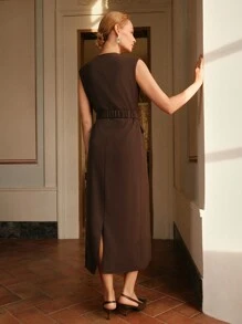 Anewsta Elaire Retro Elegant Elastic Waistband Open Placket Suit Sleeveless Dress Old Money - Brown - View 2