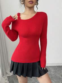 Selianne Parte superior de punto hecha a mano con cuello asimétrico y flores 3D, silueta ajustada, rojo, elegante suéter para mujeres a principios de primavera, suéter de punto de Día de San Valentín para otoño e invierno - Rojo - Ver 3