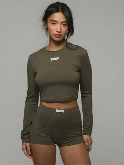 Musera Sport Top corto de manga larga con eslogan, para pádel, tenis, pickleball, gimnasio y fitness