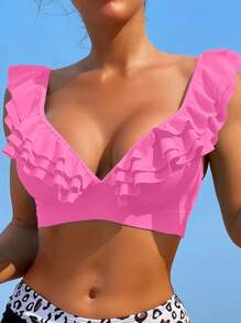 SHEIN Swim 2025 情人节海滩夏季简约休闲粉色比基尼泳装上衣，适合日常穿着 - 粉色 - 查看 5